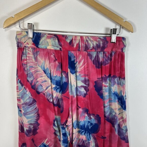 Lilka Small Cropped Pants Tropical Palm Leaf Print Bright Pink Blue Wide Leg - Picture 7 of 10